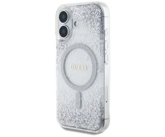 Dėklas Guess HC Resin Bottom Glitter Apple iPhone 16 MagSafe sidabro spalvos