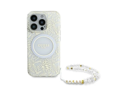 Guess IML Flowers Allover Electro With Pearl Strap MagSafe - dėklas skirtas Apple iPhone 16 Pro Baltas
