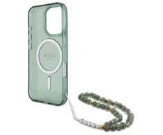 Guess IML Glitter With Pearl Strap MagSafe - dėklas skirtas Apple iPhone 16 Pro Max Žalias