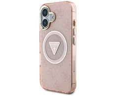 Guess IML Metal Glitter 4G Circle Triangle MagSafe dėklas iPhone 16 - rožinis