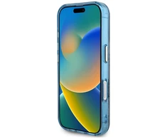 Guess IML Metal Glitter 4G Circle Triangle MagSafe dėklas, skirtas iPhone 16 - Mėlyna