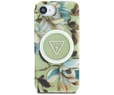 Guess IML Metal Glitter Flowers Triangle MagSafe iPhone 16e Dėklas - Žalias