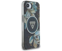 Guess IML Metal Glitter Flowers Triangle MagSafe dėklas iPhone 16e - juodas