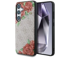 Dėklas Guess Leather 4G Flowers Print Metal Classic Logo MagSafe Samsung Galaxy S25 dėkals telefonui rožinės spalvos