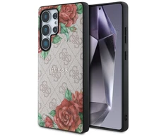 Guess Leather 4G Flowers Print Metal Classic Logo MagSafe Dėklas Samsung Galaxy S25 Ultra rožinės spalvos
