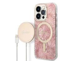 Rinkinys Guess GUBPP14LHJEACSP Case+ Charger Apple iPhone 14 Pro 6,1" dėklas telefonui rožinės spalvos hard case Jungle MagSafe