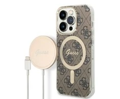 Apple iPhone 14 Pro Max Guess dėklas 4G Print MagSafe + Belaidis Įkroviklis (GUBPP14LH4EACSK) rudos spalvos