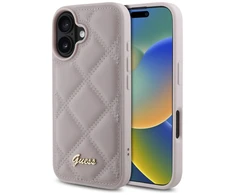 Guess GUHCP16SPSQSQSP Apple iPhone 16 6.1″ rožinės spalvos kietas dėklas Quiled Metal Logo