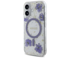 Guess Resin Flowers Glitter MagSafe dėklas iPhone 16 - violetinė