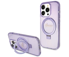 Apple iPhone 15 Pro Guess dėklas Ring Stand Script Glitter MagSafe (GUHMP15LHRSGSU) violetinės spalvos