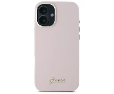 Guess GUHCP16SSMBSLP Apple iPhone 16 6.1" dėklas telefonui rožinės spalvos Silikoninis Script Metal Logo &amp; Frame