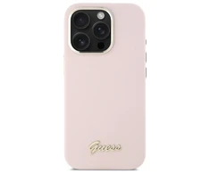 Guess Silikoninis Script Metal Logo &amp; Frame Apple iPhone 16 Pro Max - dėklas telefonui rožinės spalvos