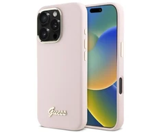 Guess Silikoninis Script Metal Logo &amp; Frame Apple iPhone 16 Pro Max - dėklas telefonui rožinės spalvos