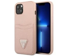 Apple iPhone 13 Mini Guess dėklas Saffianotriangle Logo Cardslot (GUHCP13SPSATPP) rožinės spalvos
