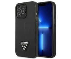 Apple iPhone 14 Pro Max Guess dėklas Saffianotriangle Logo (GUHCP14XPSATLK) juodos spalvos