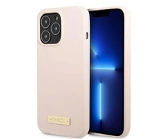 Apple iPhone 13 Pro Guess Dėklas silikoninis Logo Plate MagSafe (GUHMP13LSPLP) rožinės spalvos