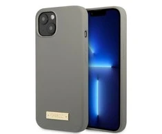 Apple iPhone 13 Guess Dėklas silikoninis Logo Plate MagSafe (GUHMP13MSPLG) pilkos spalvos