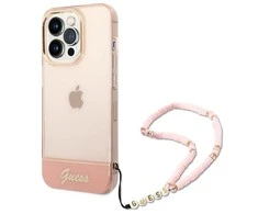 Apple iPhone 14 Pro Guess dėklas Translucent Pearl Strap rožinės spalvos
