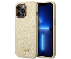 GUESS dėklas skirtas Apple iPhone 14 Pro GUHCP14LHGGSHD (Glitter Flakes Script Metal Logo) aukso spalvos