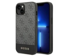 Guess 4G Bottom Stripe Metal Logo Collection – dėklas, skirtas iPhone 14 Plus (pilkas)