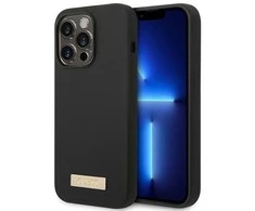 Apple iPhone 14 Pro Guess Dėklas silikoninis Logo Plate MagSafe juodos spalvos