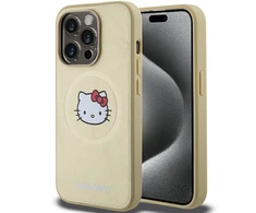 Apple iPhone 15 Pro Max Hello Kitty dėklas odinis Kitty Head MagSafe (HKHMP15XPGHCKD) aukso spalvos