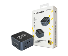 USB-C šakotuvas 12 in 1 Wozinsky WHBC09Y8S daugiafunkcis, su belaidžio įkrovimo funkcija, aliuminis, su 15 cm laidu - pilka
