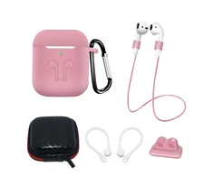 Hurtel AirPods 2 / AirPods 1 silikoninis dėklas + dėklas / ausinių laikiklis / kaklo dirželis / laikiklio dirželis laikrodžiui / karabinas – rožinės spalvos