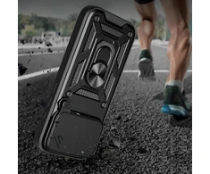 Hurtel Dėklas Hybrid Armor Camshield skirtas Apple iPhone 17 Pro Max šarvuotas su stoveliu ir kameros apsauga – juodos spalvos