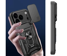 Hurtel Dėklas Hybrid Armor Camshield skirtas Apple iPhone 17 Pro šarvuotas su stoveliu ir kameros apsauga – juodos spalvos