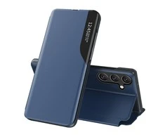 Hurtel Eco Leather View Samsung Galaxy A24 4G atverčiamas su stoveliu dėklas telefonui mėlynos spalvos