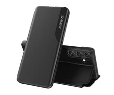 Hurtel Eco Leather View Samsung Galaxy A24 4G atverčiamas su stoveliu dėklas telefonui juodos spalvos