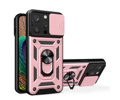 Hurtel Hybrid Armor Camshield su stoveliu ir camera Apple iPhone 15 Pro – dėklas telefonui rožinės spalvos