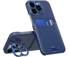 „Hurtel“ odinis stovas „Samsung Galaxy S23 Ultra“ dėklas, kortelės piniginė su stovu, mėlynos spalvos