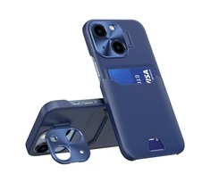 Hurtel Leather Apple iPhone 14 Plus card wallet su stoveliu dėklas telefonui mėlynos spalvos
