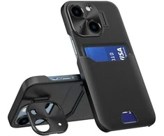 Hurtel Leather Stand dėklas case Apple iPhone 14 Plus cover card wallet with stand dėklas telefonui juodos spalvos