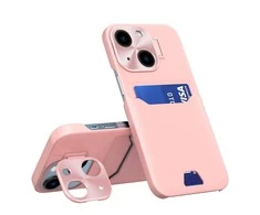 Hurtel Leather Apple iPhone 14 Plus Card Wallet Stand dėklas telefonui rožinės spalvos