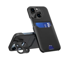 Hurtel Leather Apple iPhone 14 card wallet su stoveliu dėklas telefonui juodos spalvos