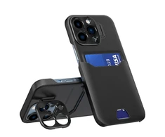 Hurtel Leather Apple iPhone 14 Pro Max card wallet su stoveliu dėklas telefonui juodos spalvos