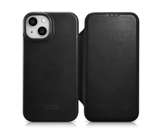 iCarer CE Oil Wax Premium Leather Leather Apple iPhone 14 Plus Magnetic atverčiamas MagSafe dėklas telefonui juodos spalvos (AKI14220707-BK)
