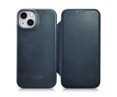 iCarer CE Oil Wax Premium Leather Apple iPhone 14 Plus magnetic atverčiamas MagSafe dėklas telefonui mėlynos spalvos (AKI14220707-BU)