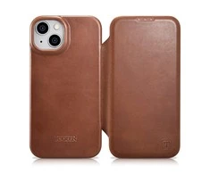 iCarer CE Oil Wax Premium Leather Apple iPhone 14 Plus magnetic atverčiamas MagSafe dėklas telefonui rudos spalvos (AKI14220707-BN)