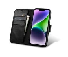 iCarer Oil Wax Wallet 2in1 Apple iPhone 14 Plus Anti-RFID Leather atverčiamas dėklas telefonui juodos spalvos (WMI14220723-BK)