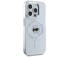 Dėklas Karl Lagerfeld IML Metal Karl Head MagSafe Apple iPhone 15 Pro Max baltos spalvos