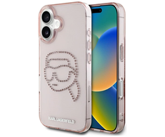 Karl Lagerfeld IML Rhinestones Karl Head Apple iPhone 16 dėklas telefonui rožinės spalvos