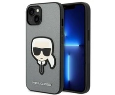 Apple iPhone 14 plus Karl Lagerfeld dėklas Saffiano Karl`s Head Patch sidabrinės spalvos