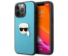 Karl Lagerfeld KLHCP13XPKMB iPhone 13 Pro Max 6,7" mėlyna/mėlynas kietas dėklas Oda Ikonik Karl's Head Metal