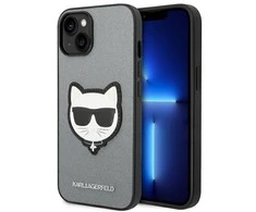 Apple iPhone 14 plus Karl Lagerfeld dėklas Saffiano Choupette Head Patch sidabrinės spalvos