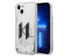 Karl Lagerfeld Liquid Glitter Big KL dėklas iPhone 14 telefonui - sidabrinis
