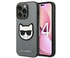 Apple iPhone 14 Pro Max Karl Lagerfeld dėklas Saffiano Choupette Head Patch sidabrinės spalvos